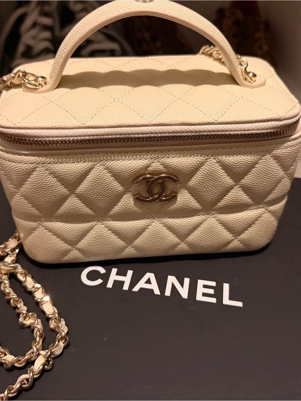 CC PREMIUM QUALITY Cream Quilted Vanity Bag with Gold Chain